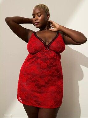 Cacique Red Black Lace Chemise Babydoll Sexy Lingerie Slip Dress Size 26/28
